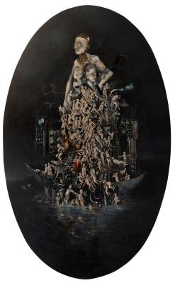 FONDAZIONE THE BANK - Sergio Padovani, Ordet, 2023, olio, bitume, resina su tavola ovale, cm 150x100. Ph. Mauro Terzi